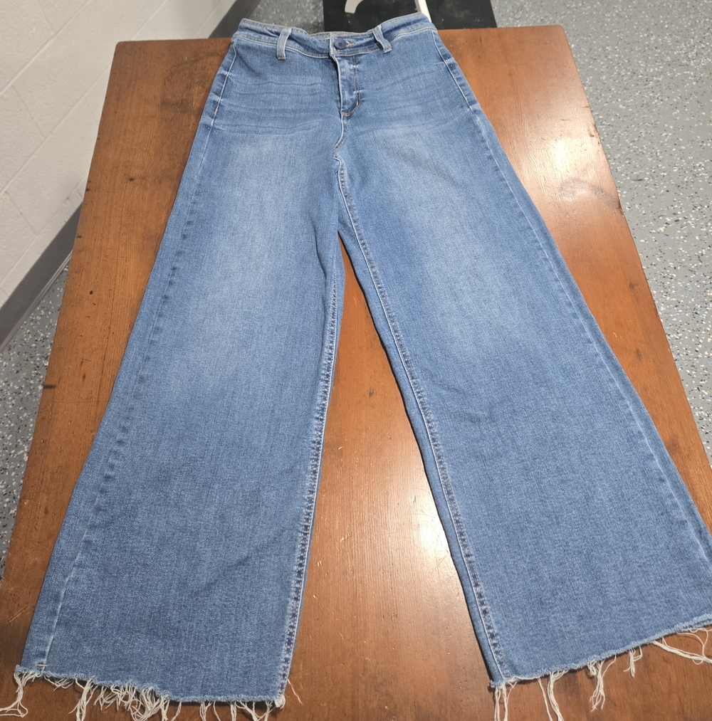Oat Wide Leg High Waisted Stretch Raw Hem Trouser Jeans Blue Womens Size 6